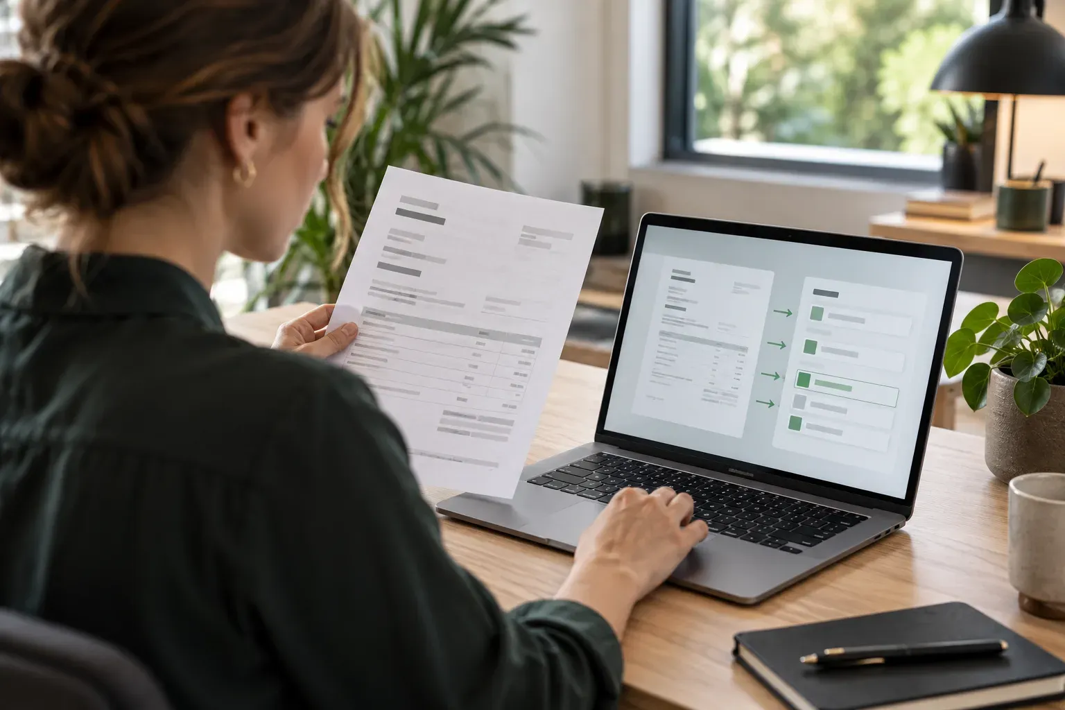 KI-Illustration: Fachliche Prüfung von Dokumentdaten neben einer digitalen Verarbeitung am Laptop