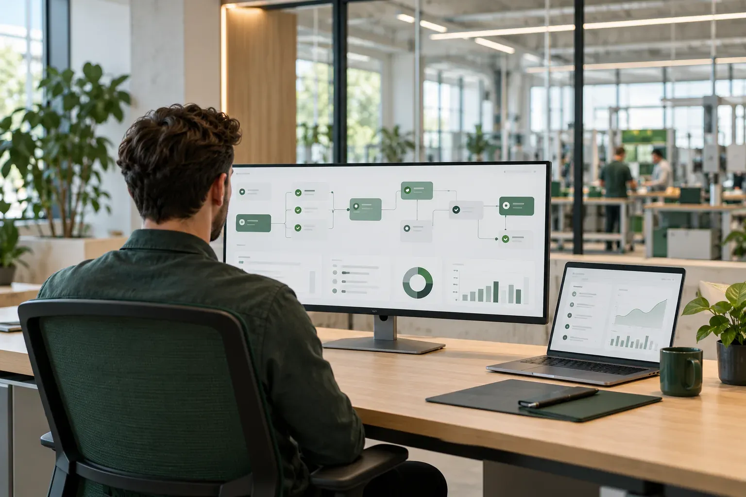 KI-Illustration: Digitaler Arbeitsplatz mit verknüpften Prozessschritten und Statusübersicht auf Monitor und Laptop