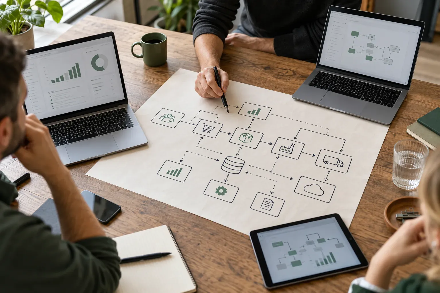 KI-Illustration: Planung verbundener Geschäftssysteme mit Ablaufdiagramm, Laptops und Tablet